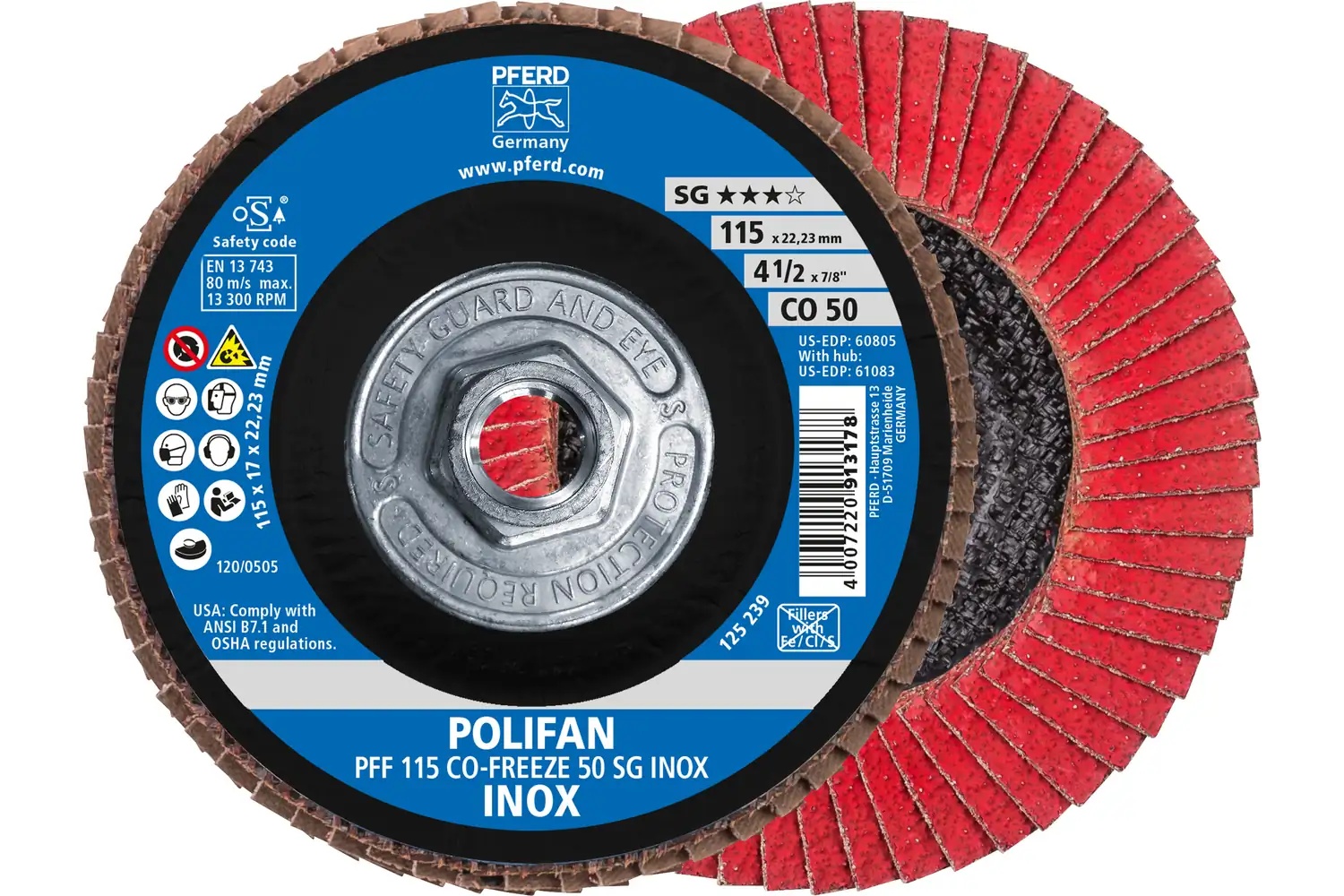 Picture of Pferd Flap Disc, 4-1/2" x 5/8-11, CO-Freeze SG Inox, 50 Grit, T27, Flat, Ceramic